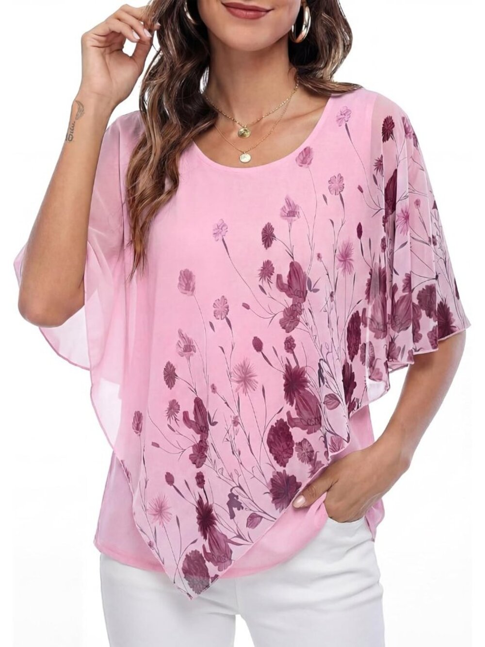 Women's Pink Floral Elegant Lightweight Flowy Shirt Double Layered Printed Top